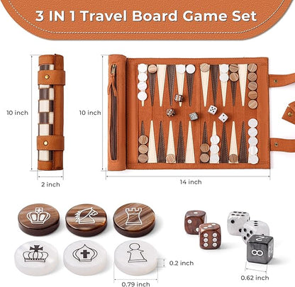 Woodronic 3 in 1 Travel Chess Backgammon Checkers Set Roll-up Leather Backgammon Set with 32 Premium Pearl Pieces and 5 Dices Portable Travel Chess Board Game Set for Adult13x10 Kinch