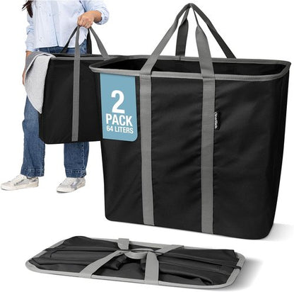 CleverMade Collapsible Laundry Caddy - XXL 64L Foldable Hamper & Tote, Space-Saving Organizer - Black Gray, 2 Pack