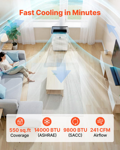 VEVOR Portable Air Conditioner, 14000 BTU ASHRAE (9800 BTU SACC) 4-in-1 Standing Cooling Ac Unit, LED Touch Panel & Remote Control, 24h Timer, Cooling, Dehumidifier, Fan, Sleep Mode for Room Indoor