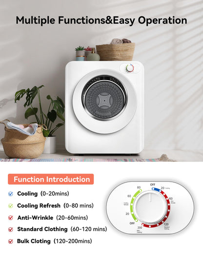 Euhomy Portable Clothes Dryer, 1.5 Cu.Ft. Portable Dryer, 850W Drying Machine with Front-Loading Stainless Steel Drum, 5 Functions, Suitable for Apartments, Dorms, RVs, Small Spaces
