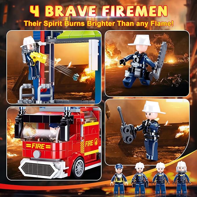 Sluban City Fire Training Set Fire Rescue Building Set with 4 Fireman Minifigures &amp Fire Truck Compatible with Lego City Fire Station Set Building Toys Gifts for Boys Aged 6-12 585 PCS