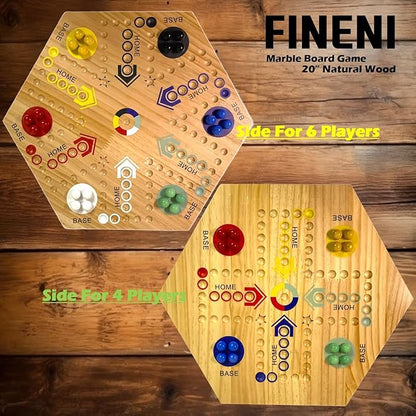 Wooden Board Games Marble Board Game Original with Dual Sides Fast Track Games for 2 to 6 Players Double Side Marble Boards 6 Colors 30 Marbles and 6 Color 6 Dice Pouch (20 Log)