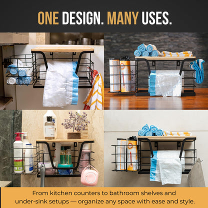KLEVO 3-in-1 Extra Large Under Sink Trash Bag Holder – Wall Mounted Garbage Bag Dispenser with Detachable Basket & 2 Hooks – Kitchen Cabinet & Laundry Room Organization for 13/33 Gallon Trash Bags