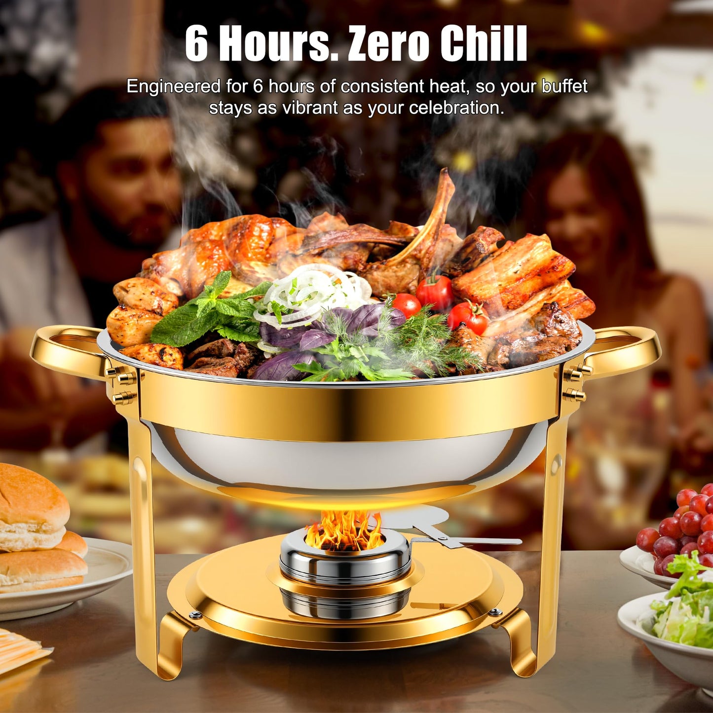 Chafing Dishes Buffet Food Warmer - Parties Servers Trays Catering Dish Warming Display Set - Chafers Keep Warm Serving Tray Round Heating Kit with Burners 4 Set Gold