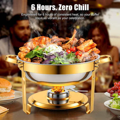 Chafing Dishes Buffet Food Warmer - Parties Servers Trays Catering Dish Warming Display Set - Chafers Keep Warm Serving Tray Round Heating Kit with Burners 4 Set Gold