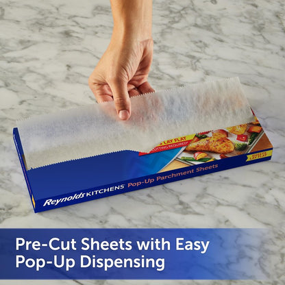 Reynolds Kitchens Pop-Up Parchment Paper Sheets, 30 Count, Fits Standard Baking Pans and Cookie Sheets, Non-Curling, Non-Stick, Pre-Cut, Oven-Safe Up to 425F, 10.75 in x 13.75 in