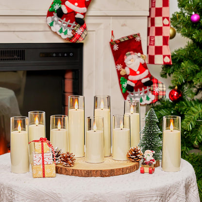 Amagic Ivory Flameless Candles with Remote, Battery Operated Candles with Timer, Acrylic Plexiglass Flickering LED Fake Candle for Wedding, Holiday, Home Decor, Set of 9, D2.2 x H5 6" 7"