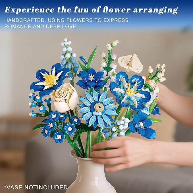 Blue Flower Bouquet Building Set Compatible with Lego Flowers for Adults Artificial Botanical Collection Kit for Valentines Day Mother's Gifts Home Room Desk Shelf Decor