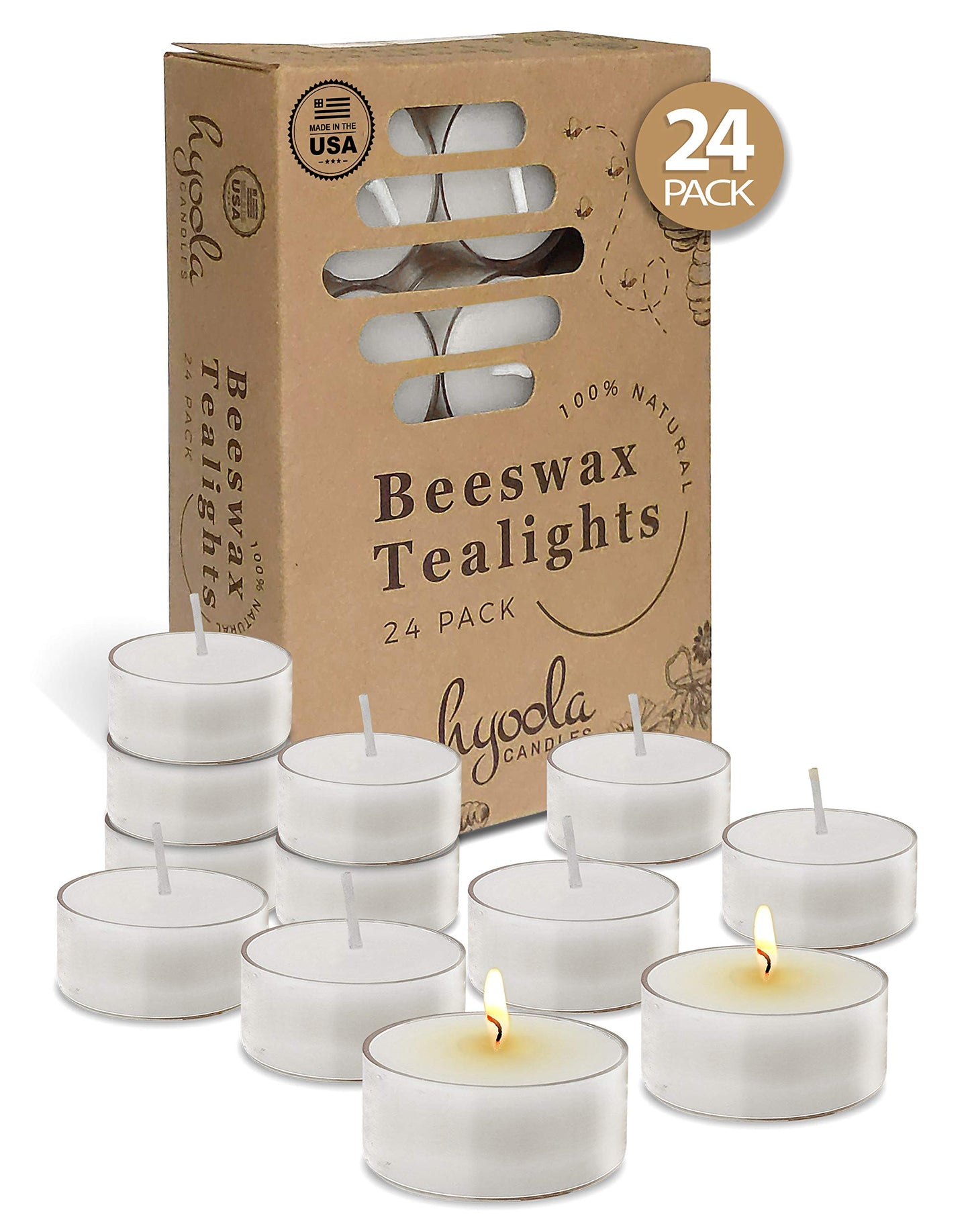 Hyoola Pure White Beeswax Tea Lights - 24 Pack - Handmade Decorative Unscented - Tealight Candles - 4 Hour Burn Time, Clear Cup