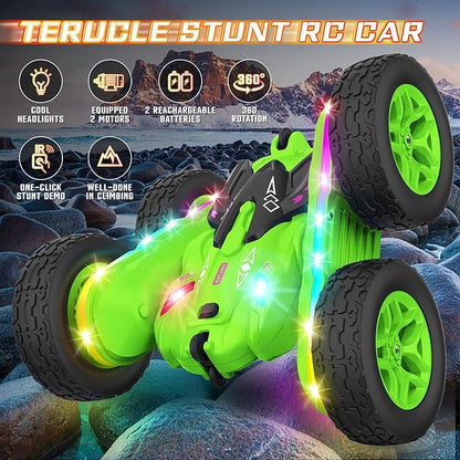 Remote Control Car Rc Cars Stunt RC Car Toys Upgraded Strip Lights and Headlights Kids Toys Double-Sided 360° Rotating 4WD Drift Truck for Boys Girls Birthday Gift (Green)