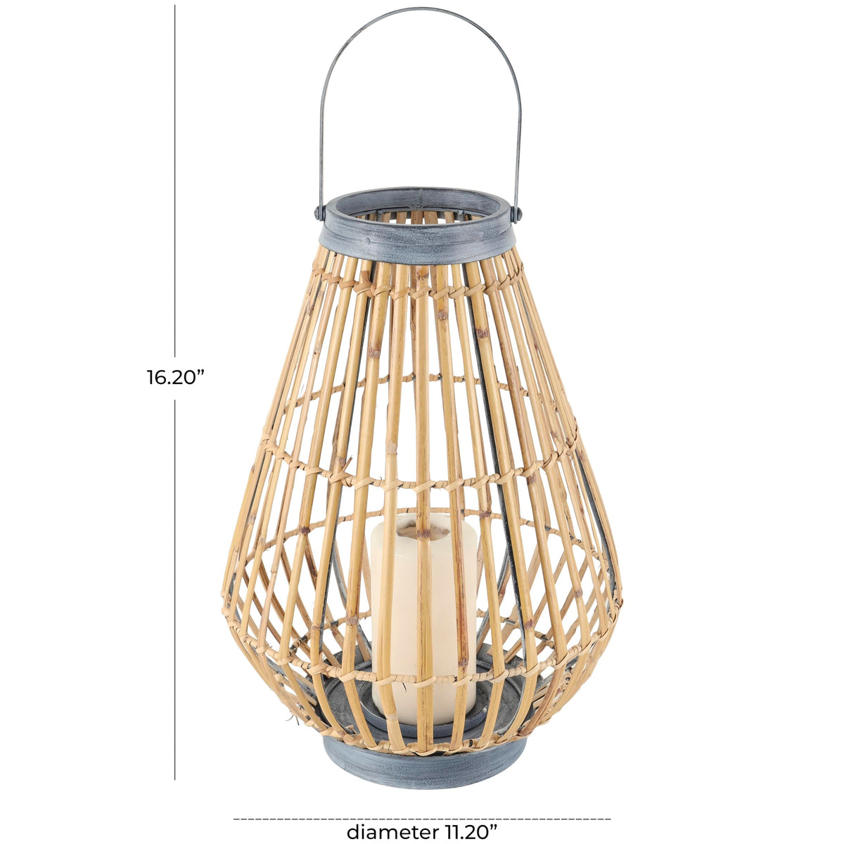 Deco 79 Bamboo Wood Handmade Open Framed Candle Lantern with Blue Metal Accents and Handle, 11" x 11" x 16", Brown