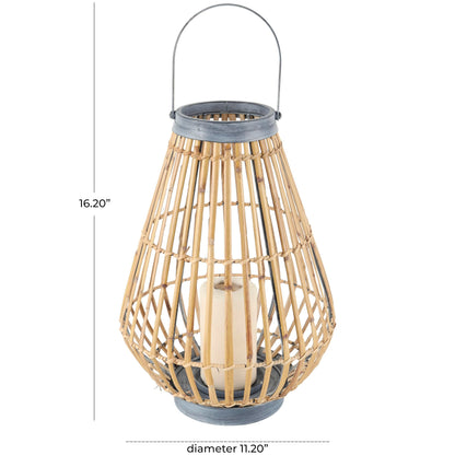 Deco 79 Bamboo Wood Handmade Open Framed Candle Lantern with Blue Metal Accents and Handle, 11" x 11" x 16", Brown