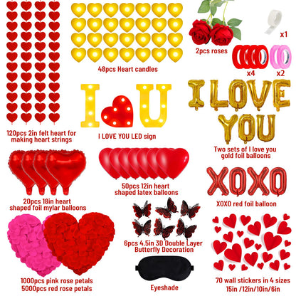 fulasiteu 6347pcs Romantic Rose Petals & Candles Set - 'I LOVE YOU' Letters, 6000 Rose Petals, 48 Heart Candles, Balloons & Decorations for Anniversary, Valentine's Day, Proposal
