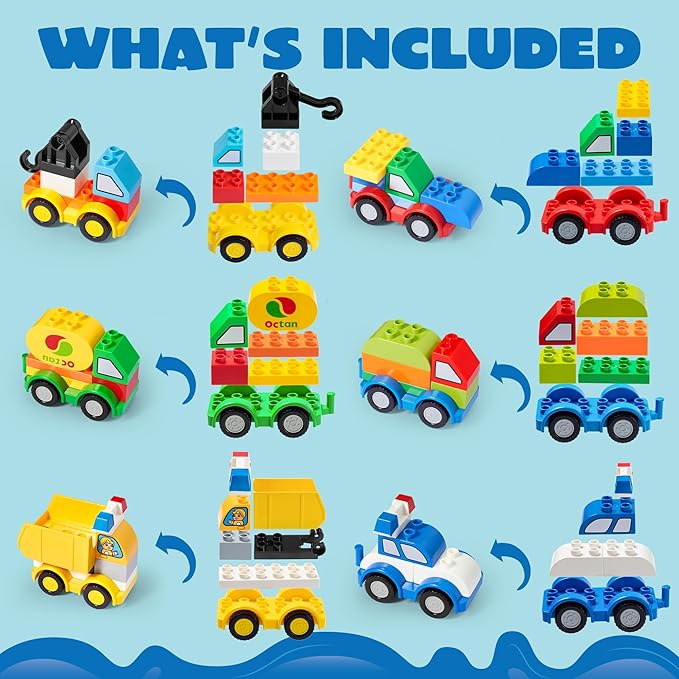 JOYIN 80Pcs Toddlers Car Building Blocks Set 12Pcs Different Vehicles Build Your Own Toy Cars Compatible with Brand Name Building Bricks for Kids Boys Girls Birthday Easter Gift