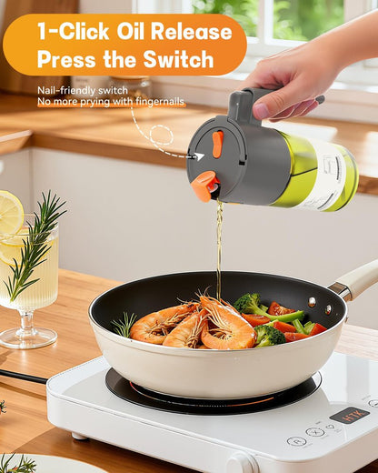 OURCABECUE Upgrade 2 in 1 Oil Sprayer for Cooking, 17oz Light-Blocking Glass Olive Oil Dispenser Bottle for Kitchen,Food-Grade Oil Mister with 8 Stickers for Salad, Frying (Green Bottle-Grey Gap)