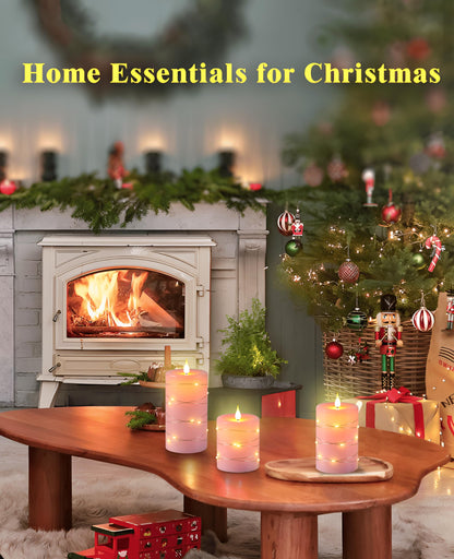 Upinmz Flickering Flameless Candles with Embedded String Lights, Battery Operated Candles with Remote Control and Timer,LED Candles for Home Decoration,Real Wax, 3 Pack Pink