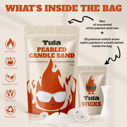 Tula Sand Candles – White Pearled Candle Sand – 18 oz Refillable Soy Wax, Unscented & Paraffin-Free, with 20 Wicks, Pet-Safe for DIY Candle Making & Home Decor