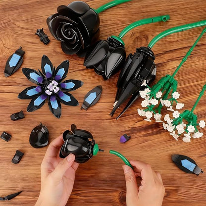 Flower Bouquet Building Set 12 Gothic Black Rose and Lotus Botanical Collection Building Block Toy Compatible with Lego Flowers for Adults Women Home Decor Gift for Valentine Mother's Day