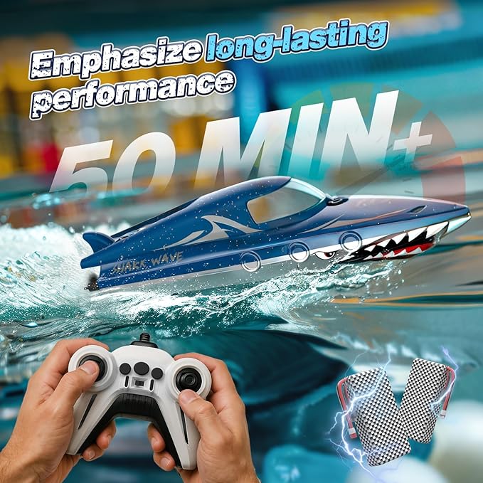 Shark RC Racing Boat for Kids &amp Adults2.4GHz High Speed Remote Control Boat W/ Dual Battery 50 Min RuntimeWaterproofFast Remote Control Toy Gift Kids 8-12 Ideal for Pools &amp LakesShining B