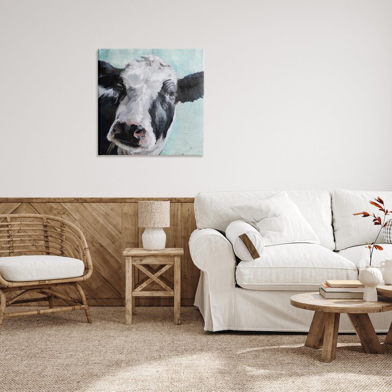 Stupell Industries Gentle Farm Cow Painting on Blue XL Stretched Canvas Wall Art, 30 x 1.5 x 30, Proudly Made in USA, Multi-Color