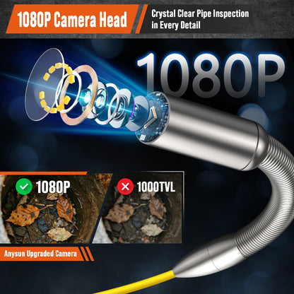 Drain Camera 165ft Self-Leveling with Meter Counter, 9 inch 1080p HD Screen, IP68 Waterproof Sewer Scope, 12 LED Lights, 32GB DVR Pipe Inspection System for Plumbing Line, Duct and Main Line