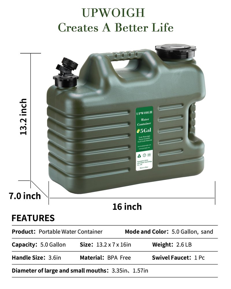 UPWOIGH 5 Gallon Water Jug with Automatic Touch Control Pump (1 Pump Included), Truly Leak-Proof BPA-Free Water Container with Spigot, Type-C Rechargeable Military Green Water Pump for Camping Hiking