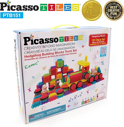 PicassoTiles PTB151 151pcs Hedgehog Lock Block STEM Building Tiles Truck Theme Set Learning Playset STEM Toy Set Educational Kit Child Brain Development Preschool Kindergarten Toy w/Animal Figures