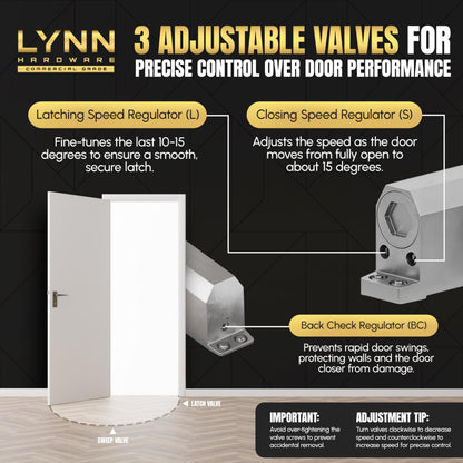 LYNN HARDWARE Medium Duty Automatic Door Closer (Dark Bronze) - Highly Durable Cast Aluminum, Commercial or Home Use, Adjustable Speed Controls, 3 Mounting Options, 3 Hour Fire Rated (DC6003 Model)