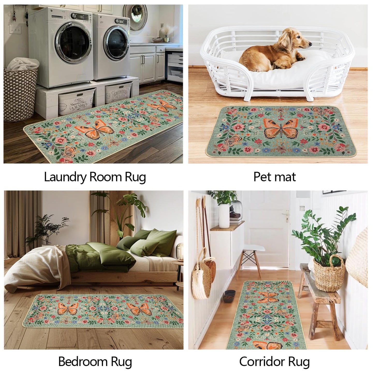 SHIYUE Boho Kitchen Mat Set of 2, Green Butterfly Flower Kitchen Rugs Farmhouse Modern, Non Skid Washable Rubber Runner Rugs, Kitchen Decor Accessories（17x47in+17x30in）