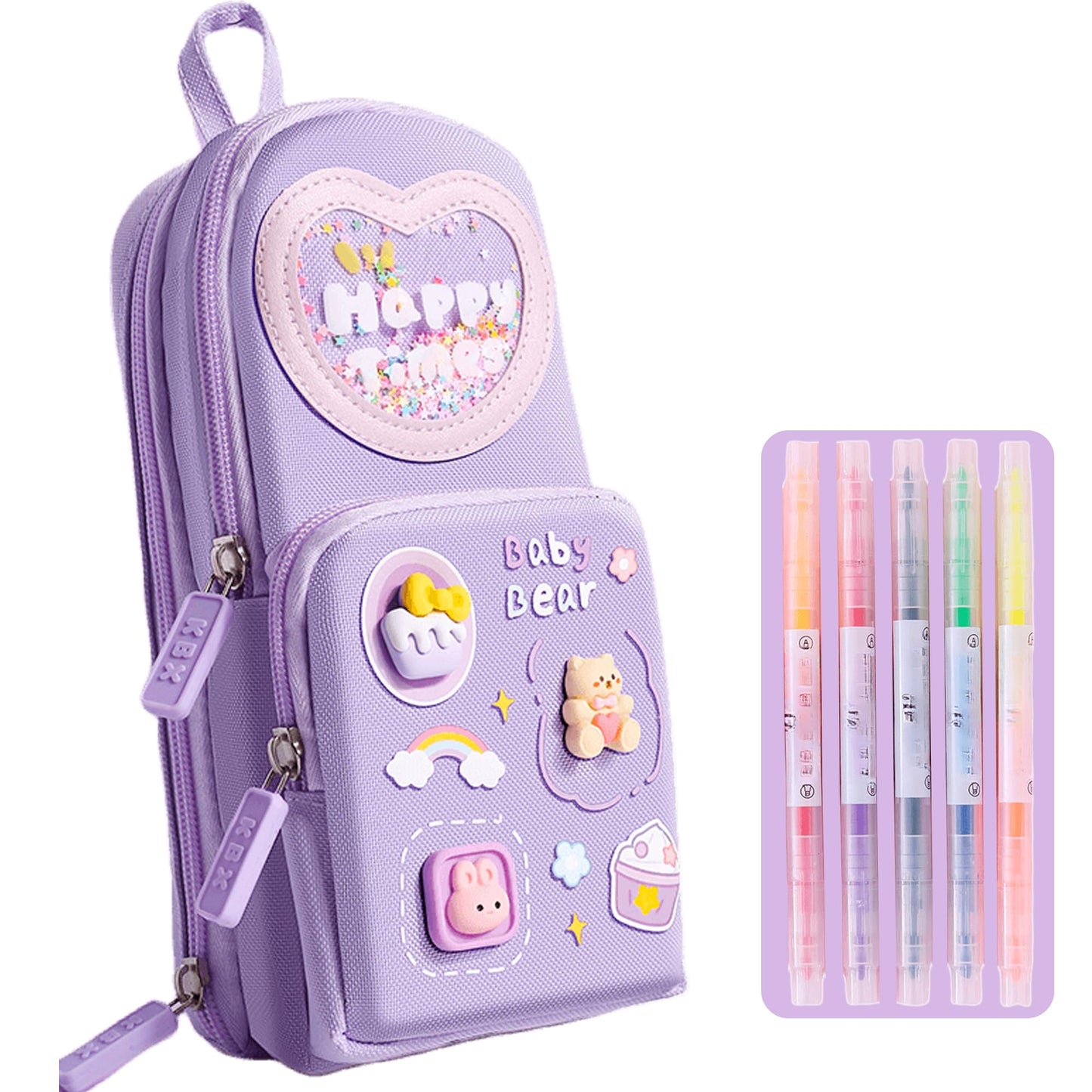 UINSUE Mini Backpack Pencil Case Art Marker Storage Canvas Makeup Pocket Small Gadget Bag Organizer Random Free of Highlighters (Bear Purple)