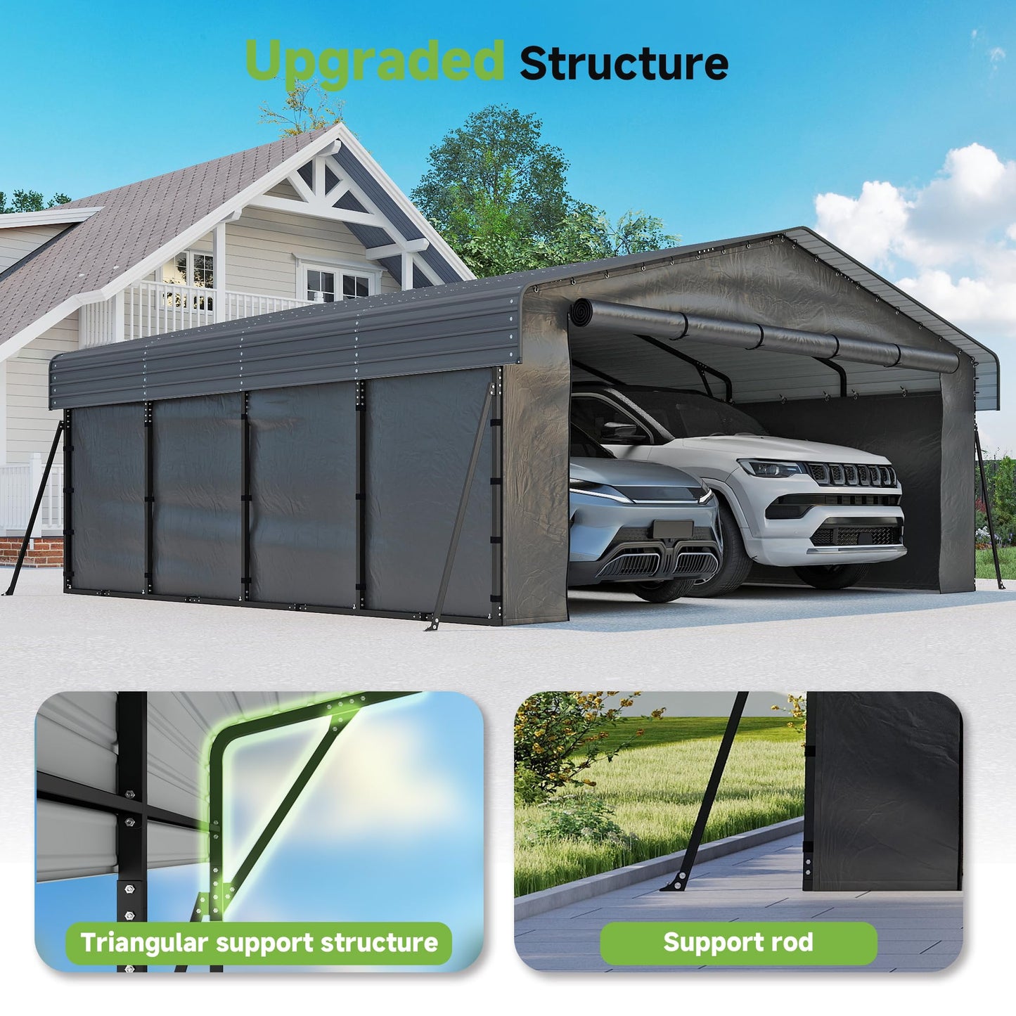20x20FT Heavy Duty Metal Carport,Outdoor Garage with Removable Sidewalls & Doors, Heavy Duty Steel Frame and Galvanized Roof for Cars and Boats, Gray