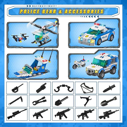 982Pcs City Police Station Building Toy Set - 6-in-1 Emergency Rescue Center with Police Car Boat Helicopter &amp Motorcycle - STEM Police Playset Gift for Kids Boys Girls Ages 6-12