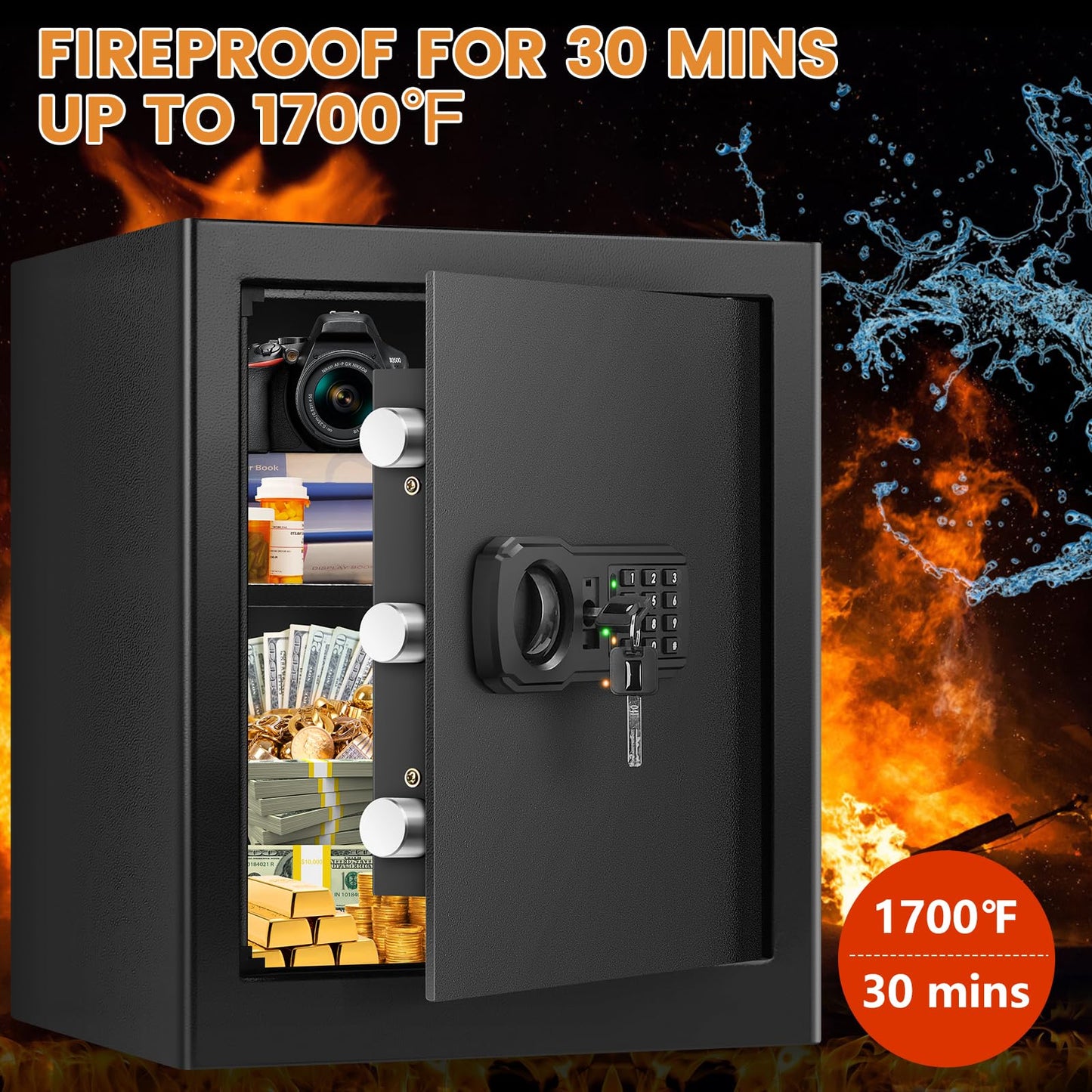 Large Fire proof Safe Box for HOME USE, 2.3 Cuft Digital Security Box with Combination Lock & Fireproof A4 Document Bag, Home Safe Fireproof Waterproof for Money Medicine Documents Valuables