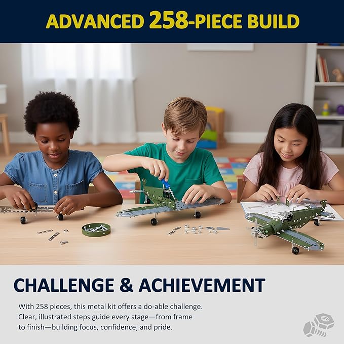 Metal Model Airplane Building Toys for Boys &amp Girls Ages 8-16 258 Pieces DIY STEM Construction Kits Educational Engineering Science Plane Set Vintage Aircraft Vehicle Gift for Kids &amp Adults