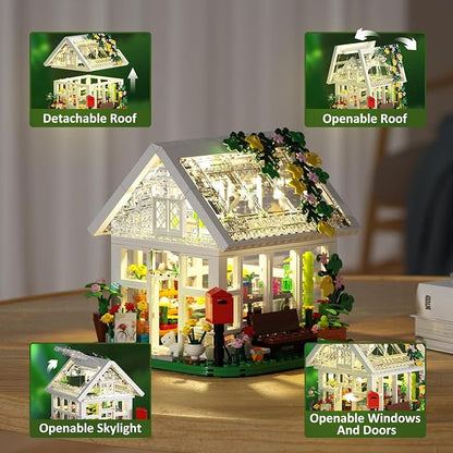 Flower House Building Set Creative Garden Playset Toy with LED Light Build a Greenhouse Model Great Gift for Friends or Girls (597 Pieces)