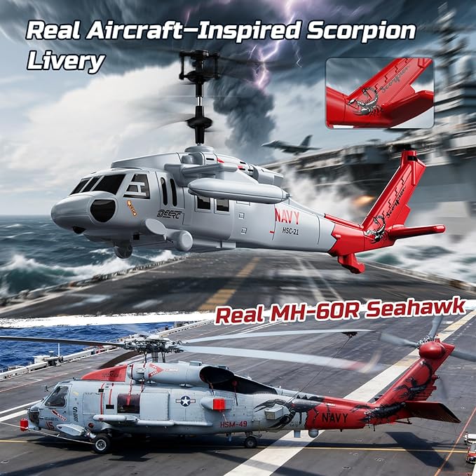 DEERC Black Hawk RC Helicopter Remote Control Helicopter with Red Scorpion Tail Design 24 Mins Flight (2 Batteries) Helicopters Toy for Kids LED Lights Altitude Hold Birthday Gift for Boys 8-12