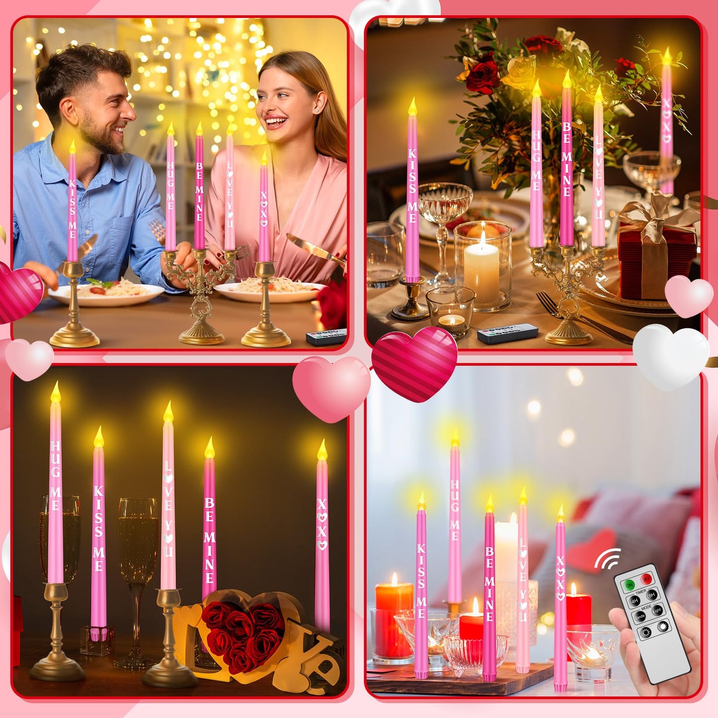 Aurelema 5 Pcs Valentines Day LED Flameless Candle Set Valentine Day Conversation Flameless Taper Candles with Words Battery Operated Seasonal Celebration with Remote for Wedding Romantic Night