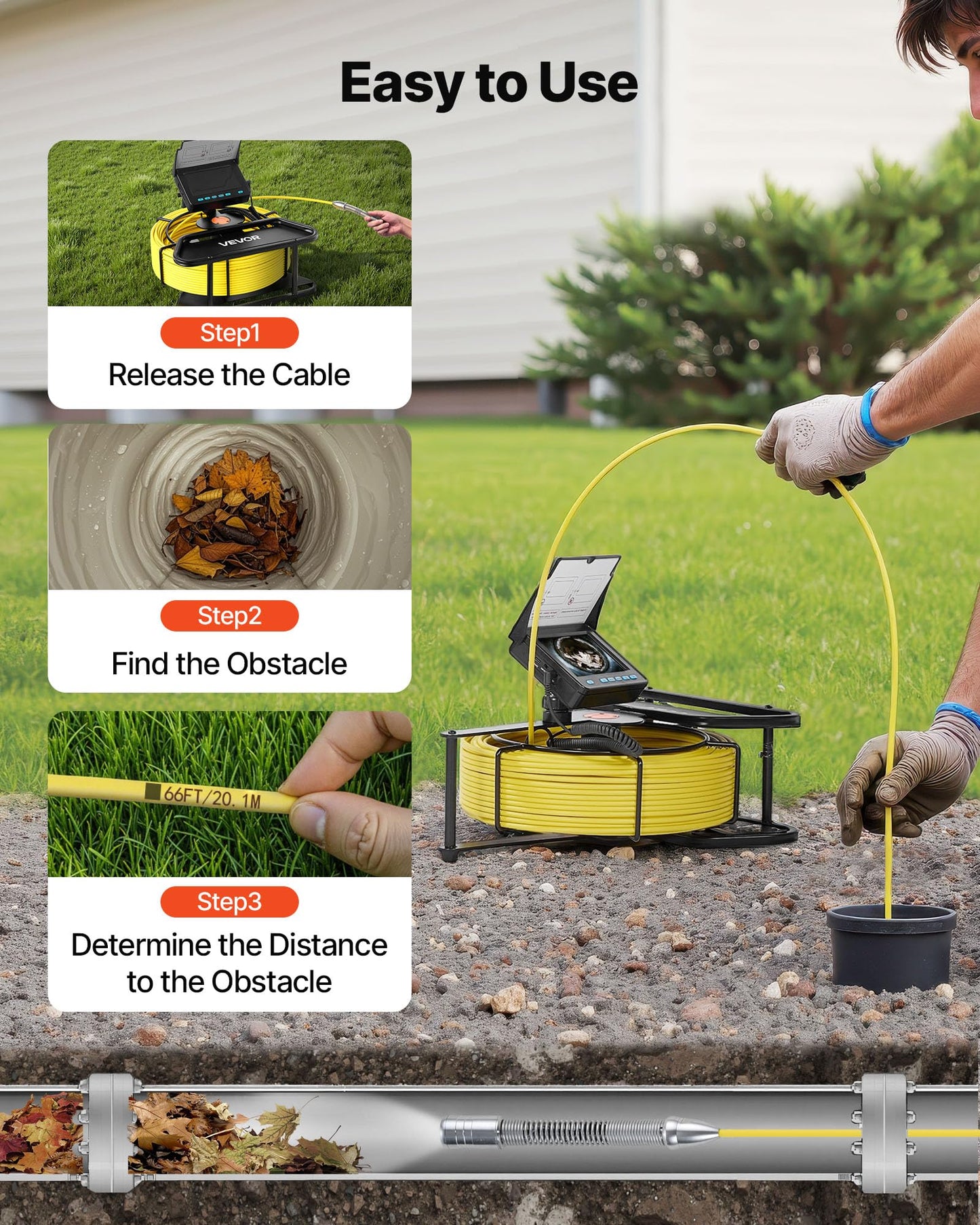 VEVOR Sewer Camera, 98 ft/30m, 4.3" Drain Inspection Tool, IP68 Waterproof Snake Plumbing Camera with Lights - 6 Adjustable LEDs, 4500mAh Battery & 16GB Card for Sewer Line Duct Pipes