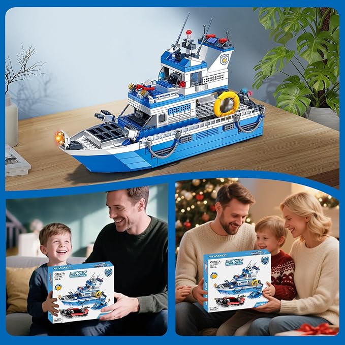 Police Boat Building Set 480 Pcs City Boat STEM Building Toy Including Kayaks and Police Speedboats Toy Christmas Birthday Gift for Kids Boys Girls 6 7 8 9 10+