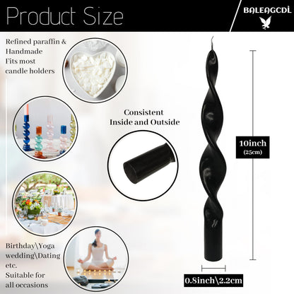 Smokeless Black Spiral Taper Candle Handmade Unscented Taper Candlesticks 10 Inch Long Twisted Candles for Candlelight Dinner Holidays Wedding Home Decor