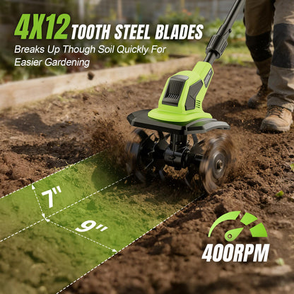 Brushless Cordlees Tiller Cultivator for Gardening, 6000mAh 20v Battery Powered Electric Garden Tiller Rototiller,9" Width 7" Depth,Lightweight Small SoilTiller for Cultivating/Lawn/Garden Tool