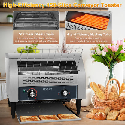Commercial Conveyor Toaster 450 Slices/Hour Stainless Steel Toaster 2600W Heavy Duty Industrial Toasters Electric Oven with Dual Heating Tube for Bagel Bread Croissant Bakery Restaurant Cafe