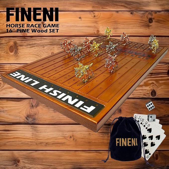 Horse Racing Game for Adults - 11 Luxurious Metal Horses (Silver Black Rose Gold) 16 Dark Pine Wood Race Board Dice &amp Card Included (Dark Color)