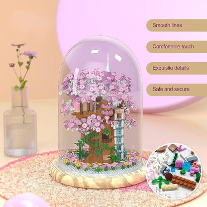Cherry Blossom Bonsai Tree House Building Flowers Set for Adults 1382 Pcs Micro-Particle Ideas Sakura Tree Building Blocks Complete with String Lights Dust Cover and Wooden Base
