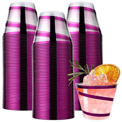 100Pcs 9 oz Rimmed Swirl Purple Plastic Cups - Disposable Clear Drinking Cups for Halloween, Christmas, Wedding and Party Supplies - Cocktail Wine Glasses (Purple)