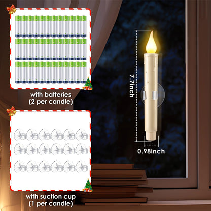 Enhon 18 Pcs Battery Operated Window Candles, Ivory LED Christmas Window Candles with Sensor Dusk to Dawn, Cordless Flameless Taper Candlestick with Battery & Suction Cup for Xmas Wedding Decorations