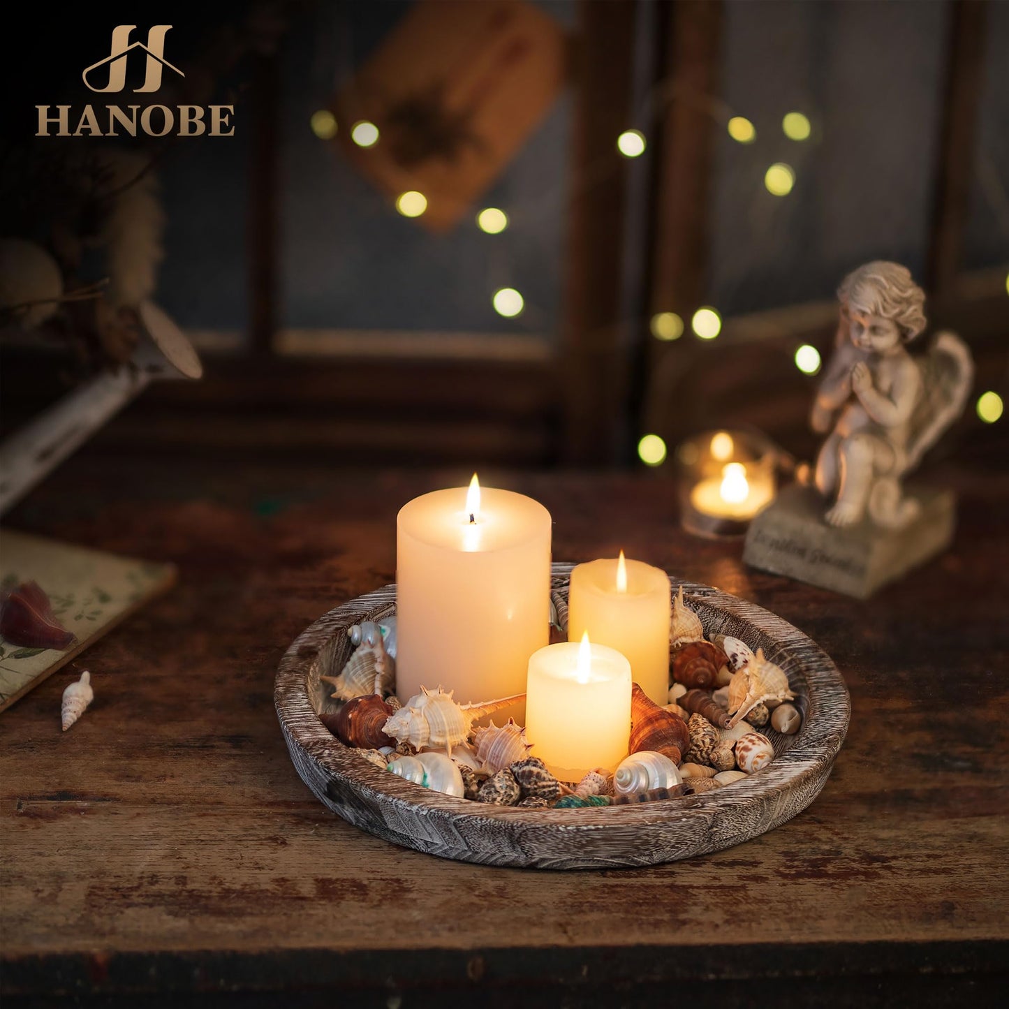 Hanobe Candle Plate Holder Tray: Round Wood Decorative Candle Plate - Rustic Farmhouse CoffeeTable Decor - Tealight Pillar Trays for Home Decor (Whitewash)