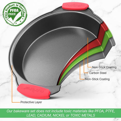 Nutrichef Non Stick Round Cake Pan, Kitchen Essential Metal Bakeware with Silicone Handles, Durable, Easy-to-Clean, Dishwasher Safe, PFOA, PFOS, PTFE Free, 9.68 Inch Baking Pan With Silicone Coating