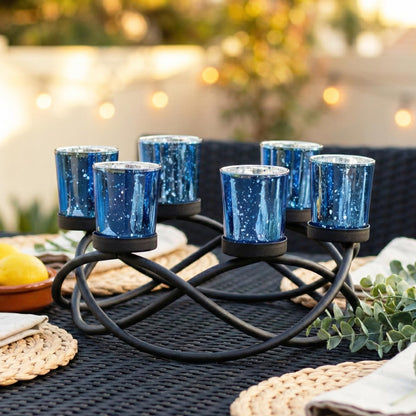 Seraphic Centerpieces for Table Decorations - Round Candle Holders for Outdoor Patio, Dining, Kitchen, Coffee & Wedding Table Decor, Black Iron Candelabra, 6 Blue Glass Votive Tealight Cups
