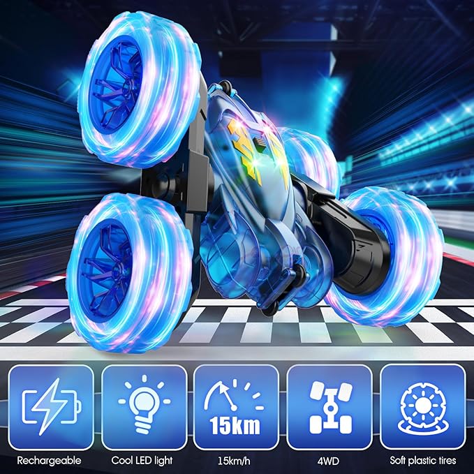 Remote Control CarStunt RC Cars For Kids with Colorful LightFast USB-C ChargingDouble-Sided 360° Rotating Rechargeable 4WD RC Truck Car Toys for Ages 5-7 Gift for Boys Girls Ages 8-12(Blue)